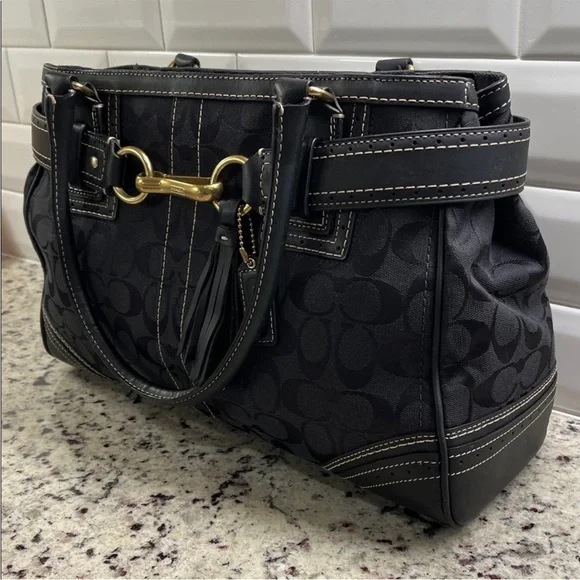 Coach Black Signature Shoulder Bag with Gold Accents